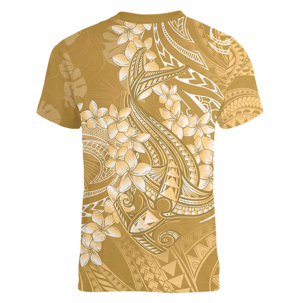 Yellow Polynesia Hammerhead Shark Tattoo With Plumeria Lei Women V-Neck T-Shirt