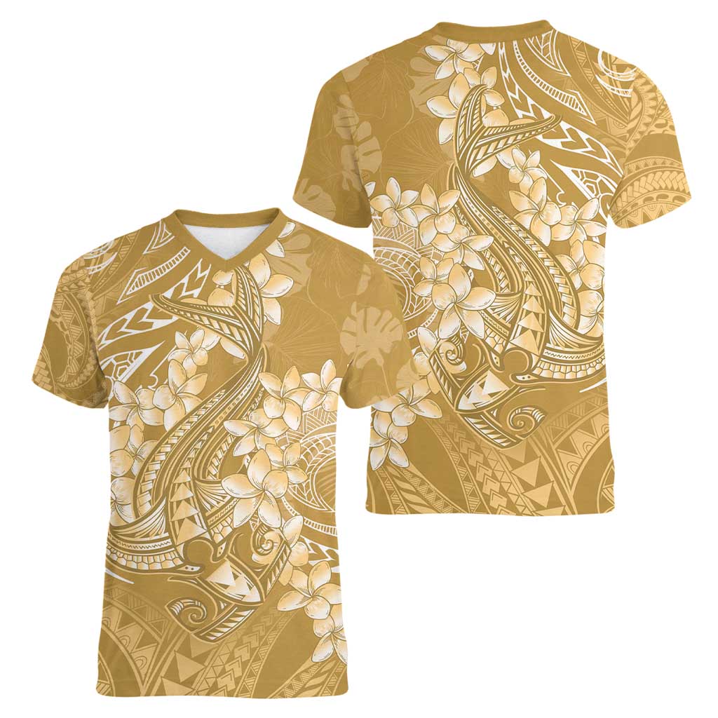 Yellow Polynesia Hammerhead Shark Tattoo With Plumeria Lei Women V-Neck T-Shirt