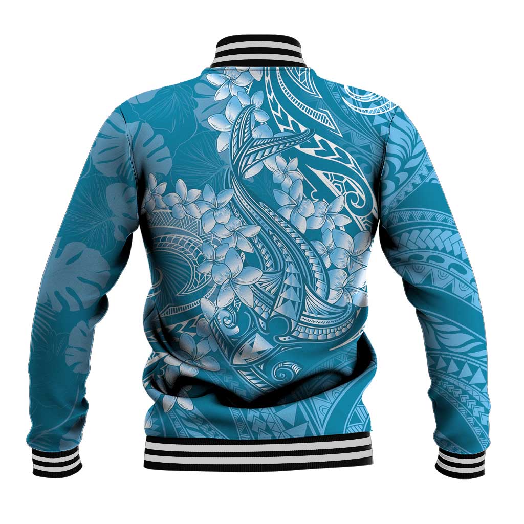 Blue Polynesia Hammerhead Shark Tattoo With Plumeria Lei Baseball Jacket LT14 - Polynesian Pride