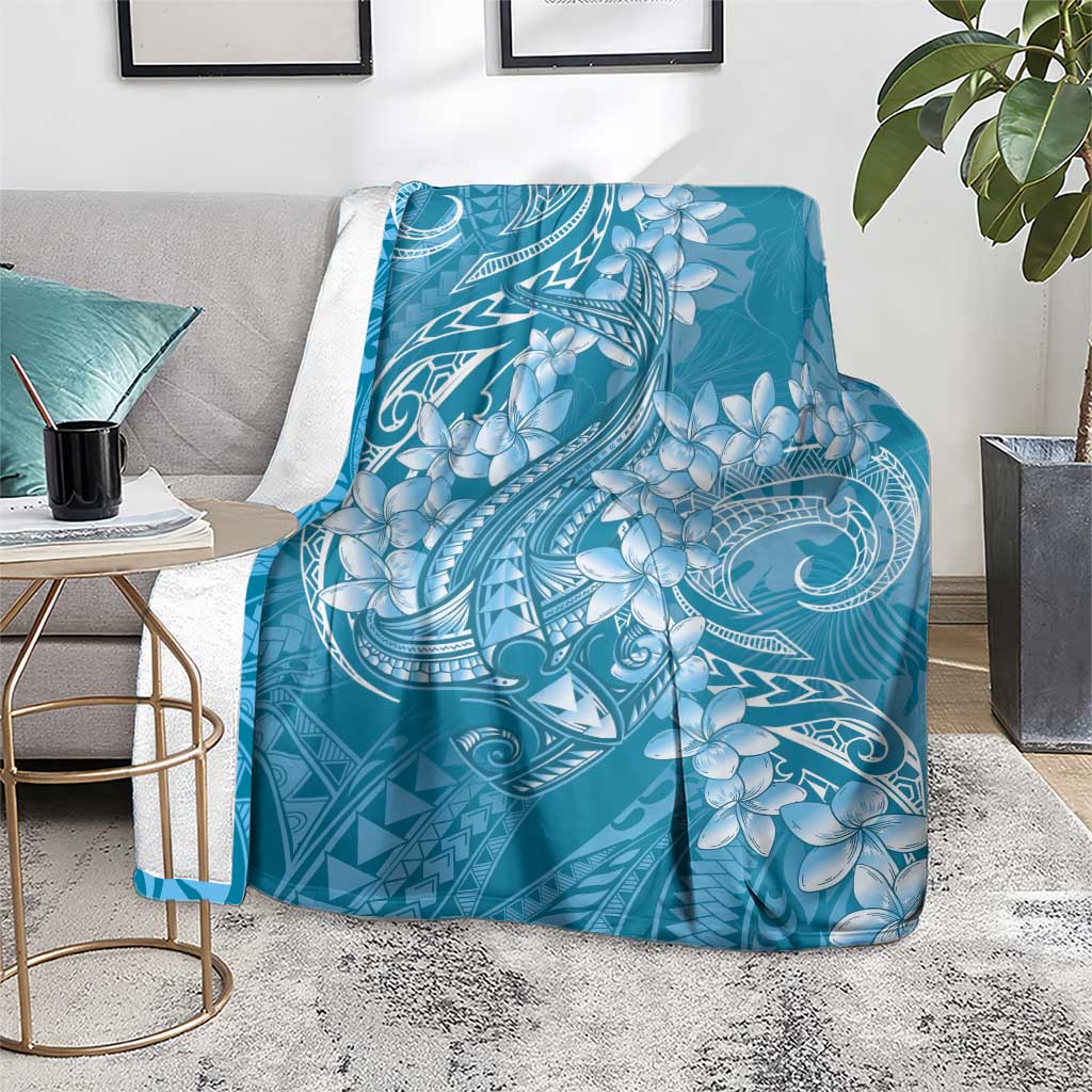 Blue Polynesia Hammerhead Shark Tattoo With Plumeria Lei Blanket