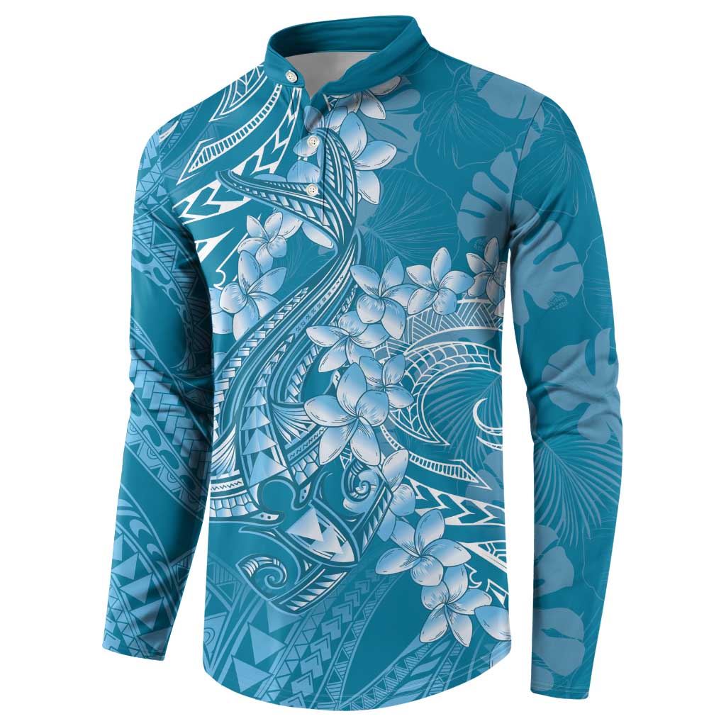 Blue Polynesia Hammerhead Shark Tattoo With Plumeria Lei Button Sweatshirt LT14 - Polynesian Pride