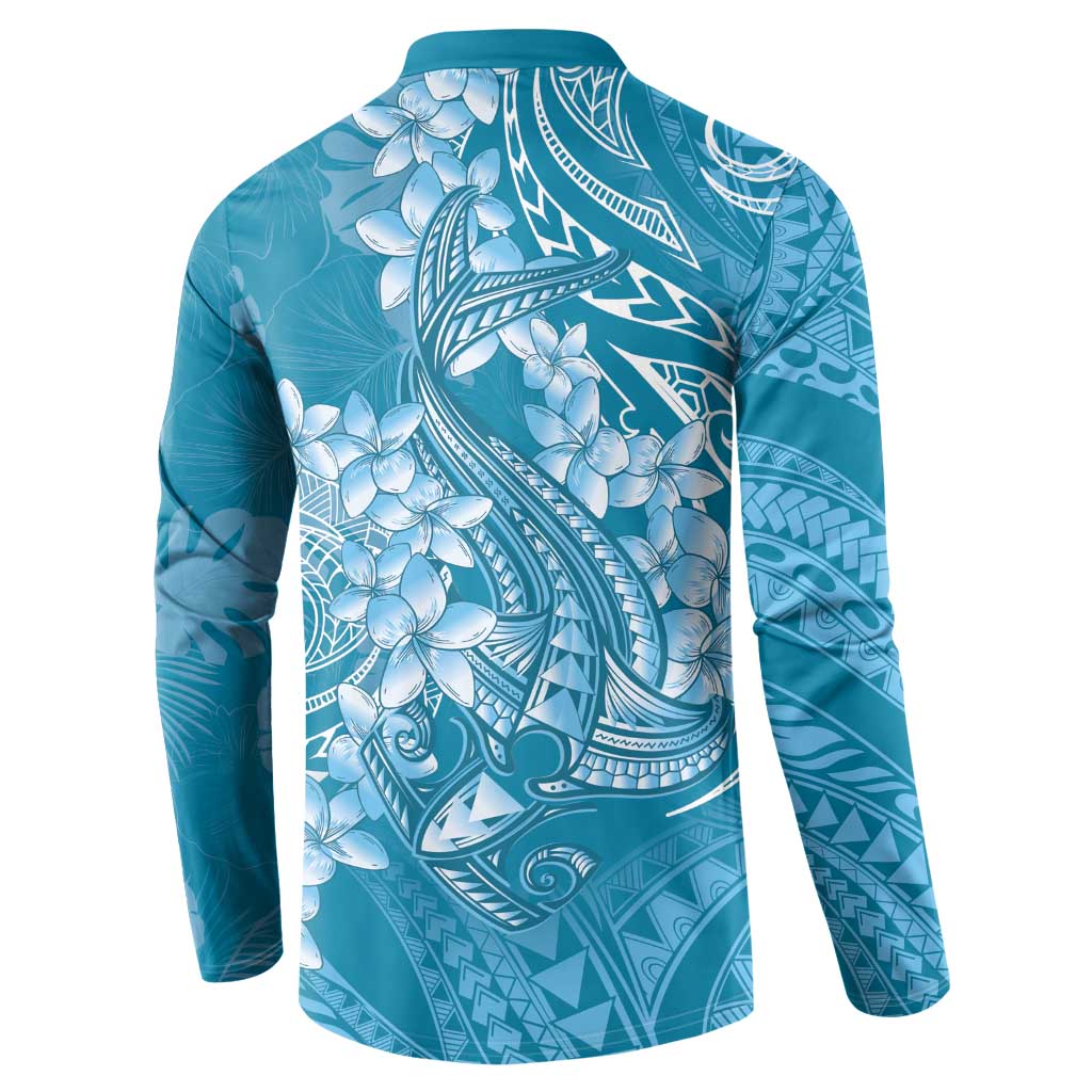 Blue Polynesia Hammerhead Shark Tattoo With Plumeria Lei Button Sweatshirt LT14 - Polynesian Pride