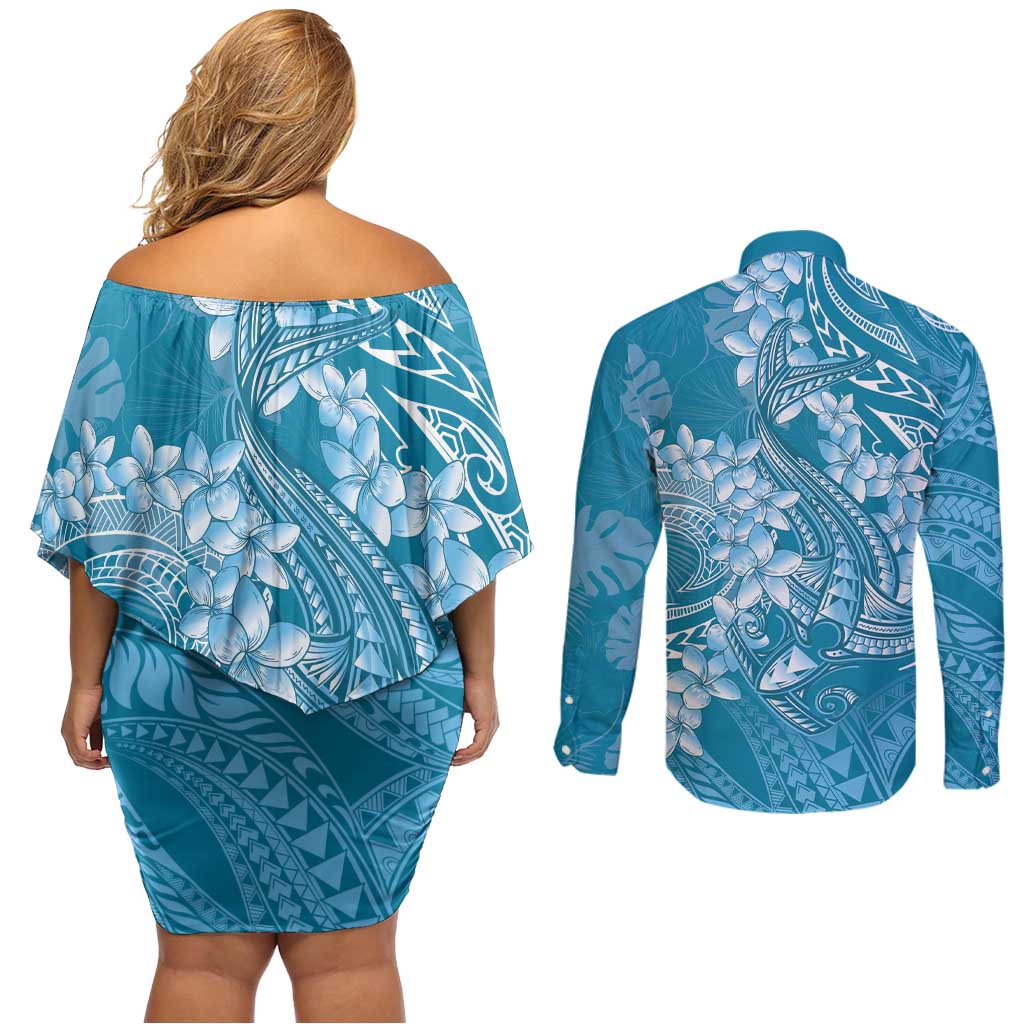 Blue Polynesia Hammerhead Shark Tattoo With Plumeria Lei Couples Matching Off Shoulder Short Dress and Long Sleeve Button Shirt LT14 - Polynesian Pride