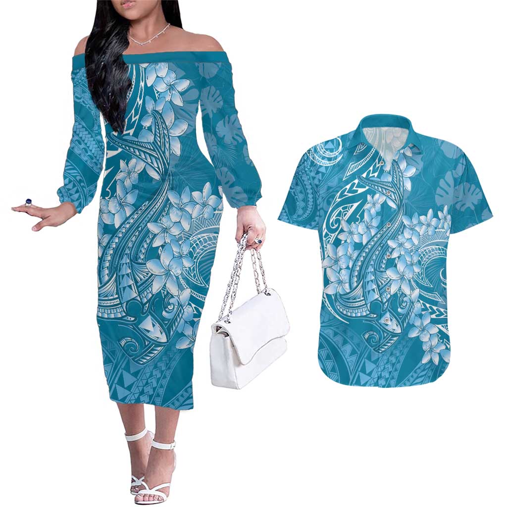 Blue Polynesia Hammerhead Shark Tattoo With Plumeria Lei Couples Matching Off The Shoulder Long Sleeve Dress and Hawaiian Shirt LT14 Blue - Polynesian Pride