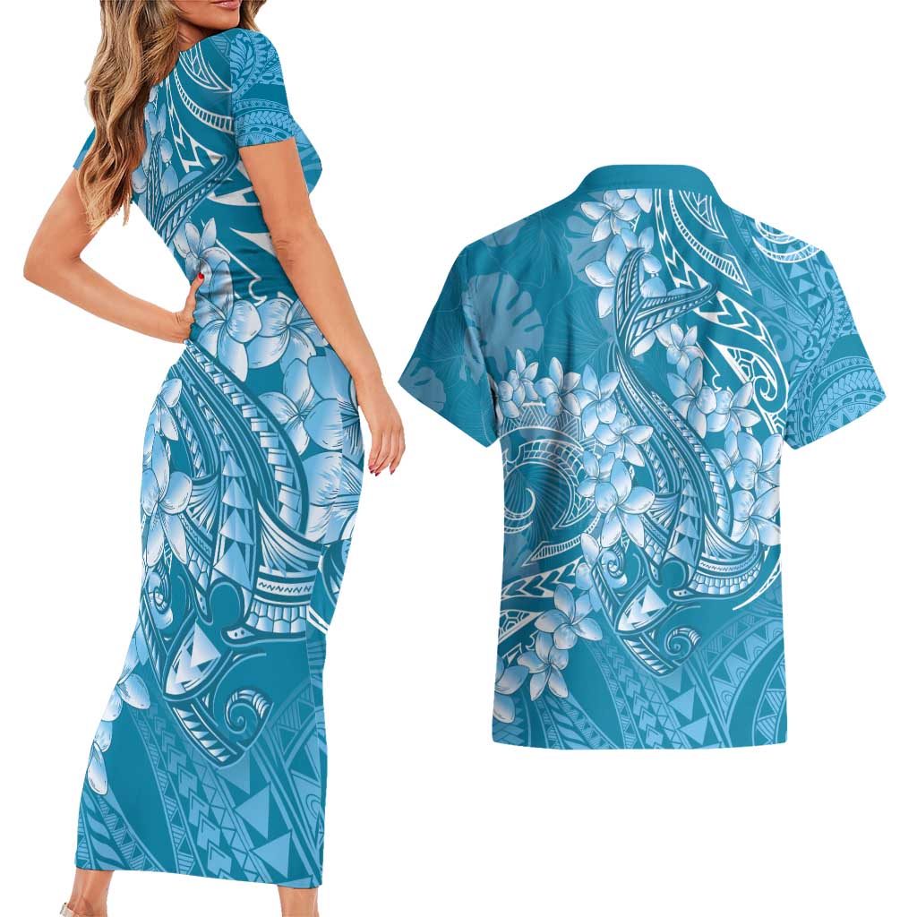 Blue Polynesia Hammerhead Shark Tattoo With Plumeria Lei Couples Matching Short Sleeve Bodycon Dress and Hawaiian Shirt