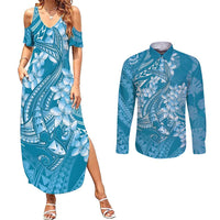 Blue Polynesia Hammerhead Shark Tattoo With Plumeria Lei Couples Matching Summer Maxi Dress and Long Sleeve Button Shirt LT14 Blue - Polynesian Pride