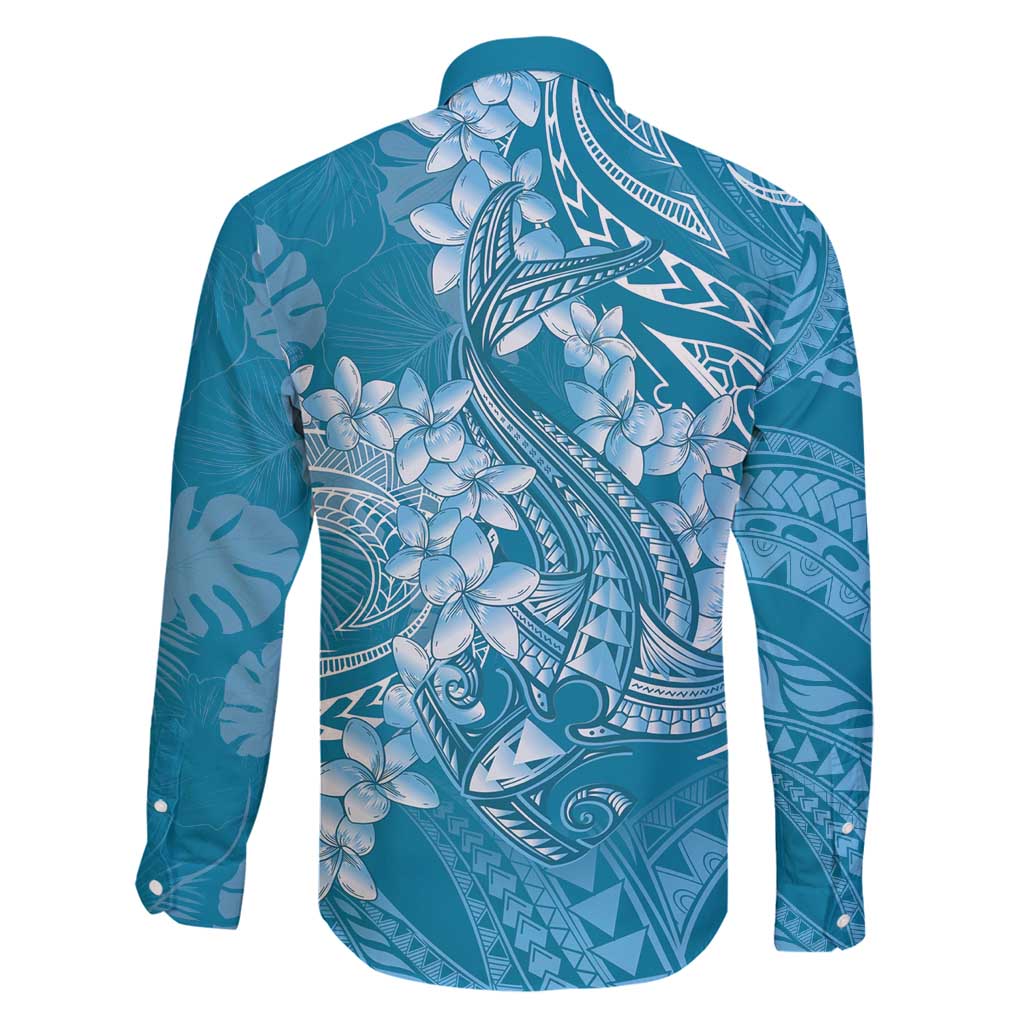 Blue Polynesia Hammerhead Shark Tattoo With Plumeria Lei Family Matching Long Sleeve Bodycon Dress and Hawaiian Shirt LT14 - Polynesian Pride