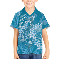 Blue Polynesia Hammerhead Shark Tattoo With Plumeria Lei Family Matching Off The Shoulder Long Sleeve Dress and Hawaiian Shirt LT14 Son's Shirt Blue - Polynesian Pride