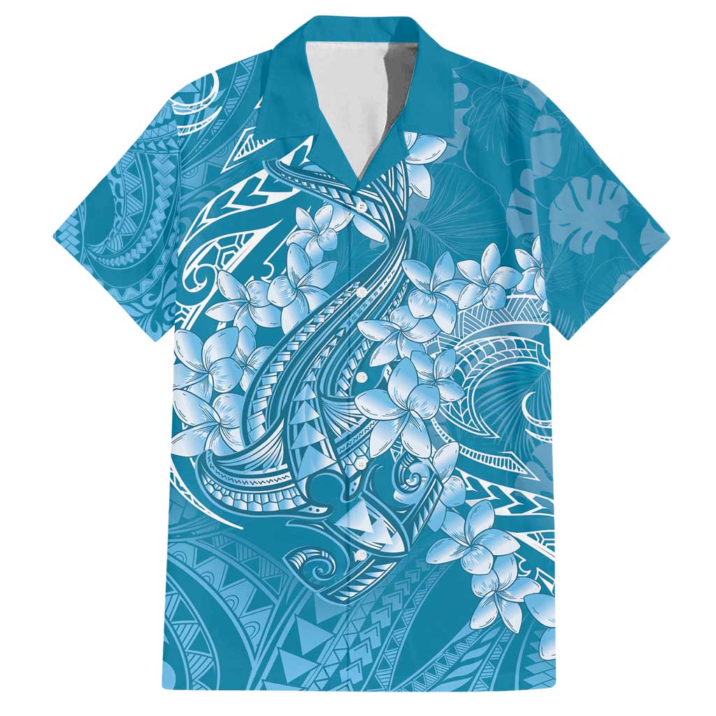 Blue Polynesia Hammerhead Shark Tattoo With Plumeria Lei Family Matching Off Shoulder Maxi Dress and Hawaiian Shirt