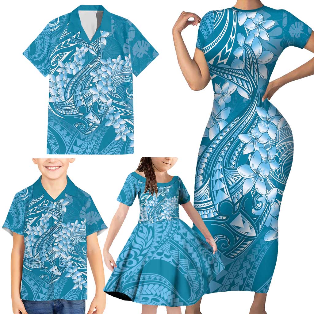Blue Polynesia Hammerhead Shark Tattoo With Plumeria Lei Family Matching Short Sleeve Bodycon Dress and Hawaiian Shirt