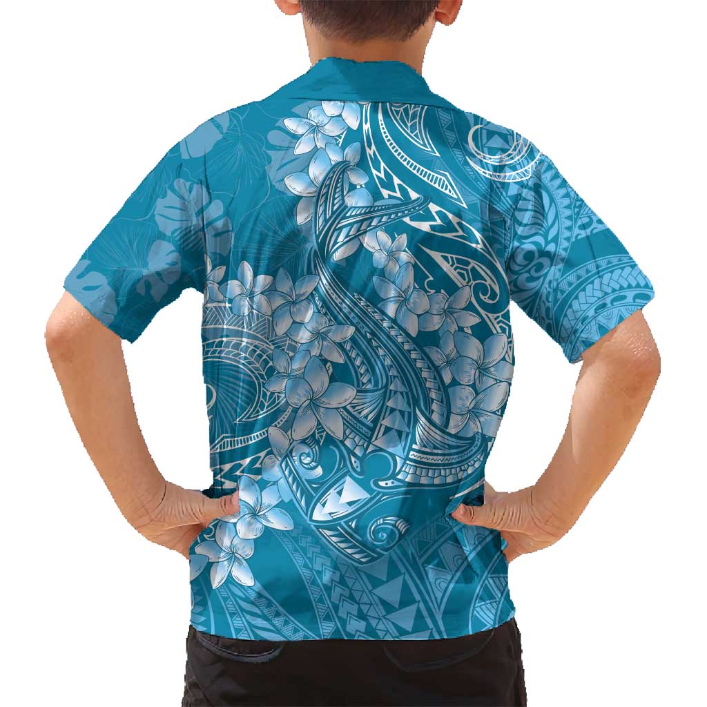 Blue Polynesia Hammerhead Shark Tattoo With Plumeria Lei Family Matching Summer Maxi Dress and Hawaiian Shirt