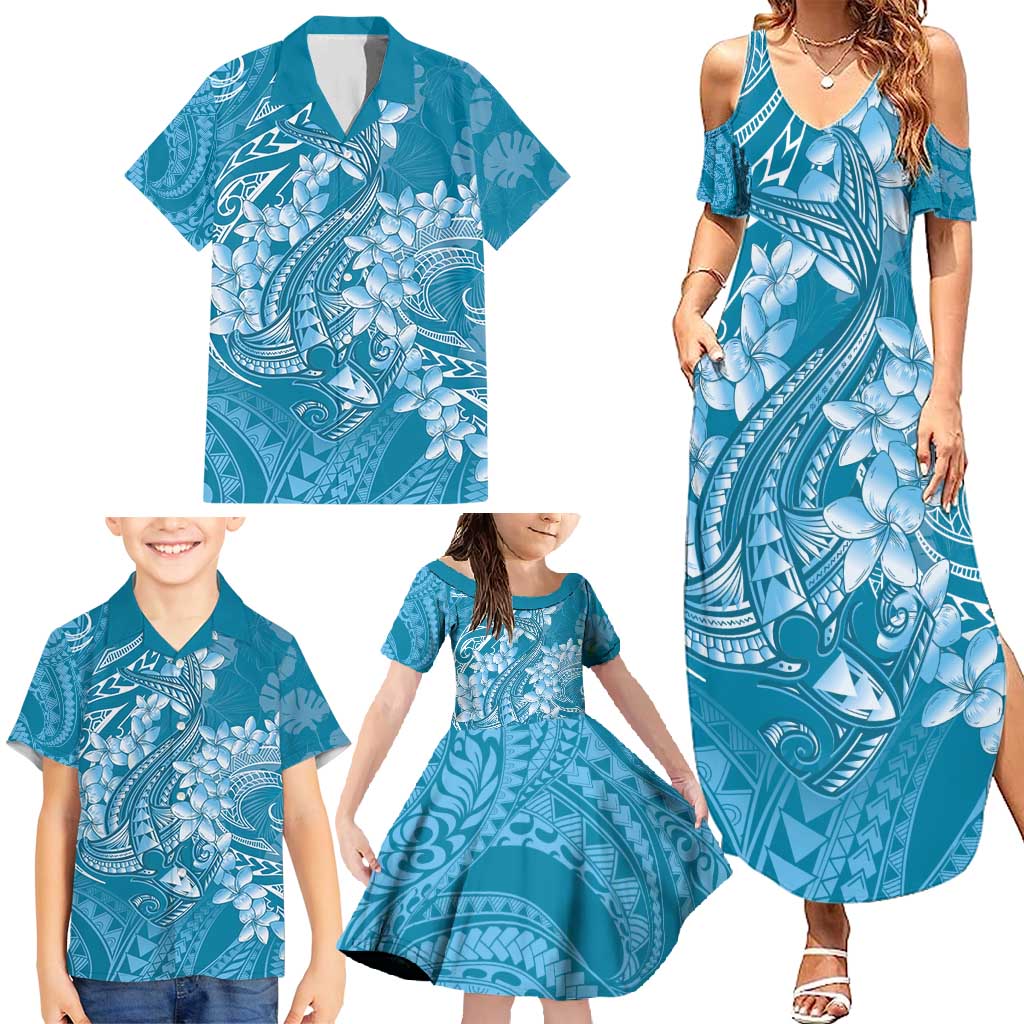 Blue Polynesia Hammerhead Shark Tattoo With Plumeria Lei Family Matching Summer Maxi Dress and Hawaiian Shirt