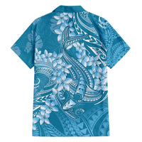 Blue Polynesia Hammerhead Shark Tattoo With Plumeria Lei Family Matching Summer Maxi Dress and Hawaiian Shirt
