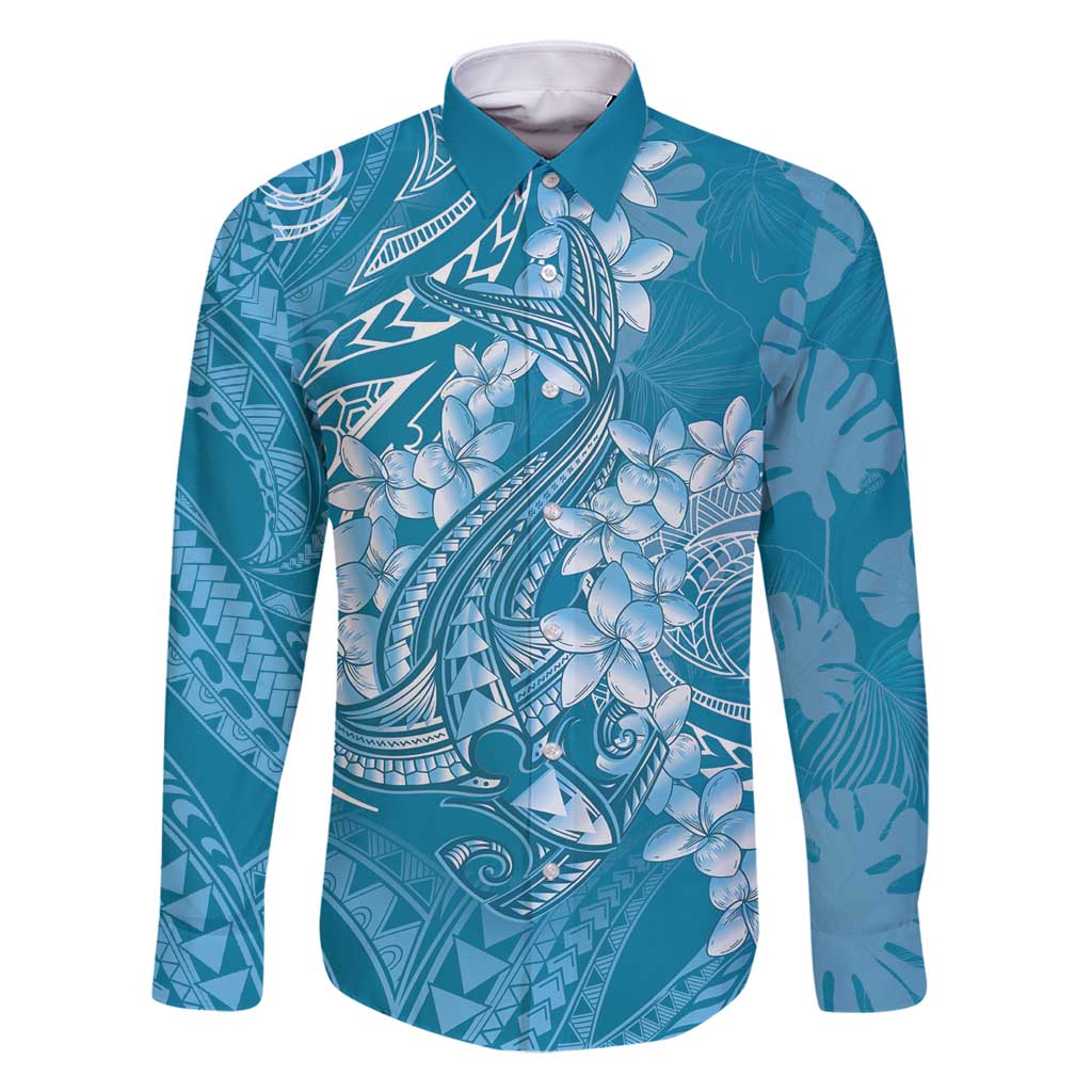 Blue Polynesia Hammerhead Shark Tattoo With Plumeria Lei Family Matching Summer Maxi Dress and Hawaiian Shirt
