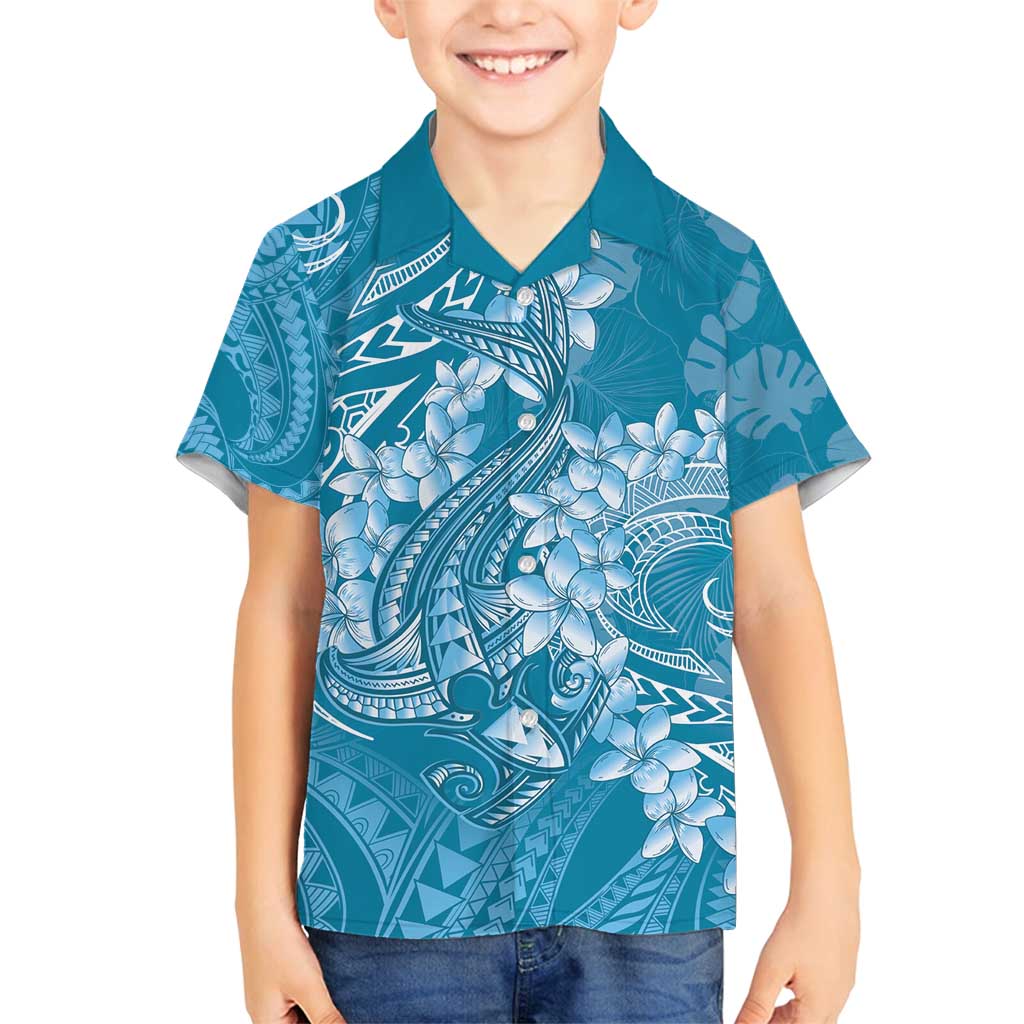 Blue Polynesia Hammerhead Shark Tattoo With Plumeria Lei Family Matching Summer Maxi Dress and Hawaiian Shirt