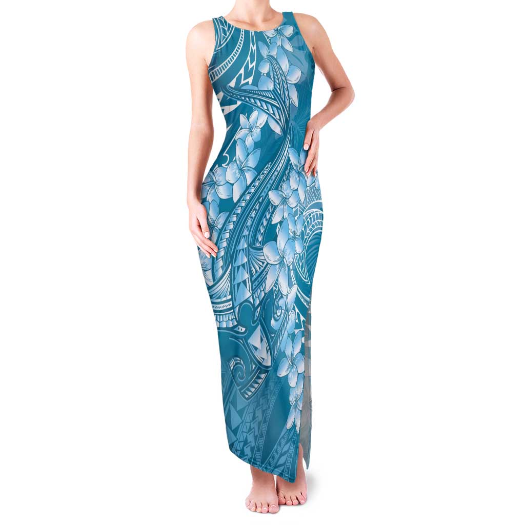 Blue Polynesia Hammerhead Shark Tattoo With Plumeria Lei Family Matching Tank Maxi Dress and Hawaiian Shirt