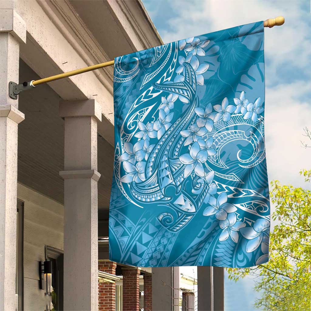 Blue Polynesia Hammerhead Shark Tattoo With Plumeria Lei Garden Flag