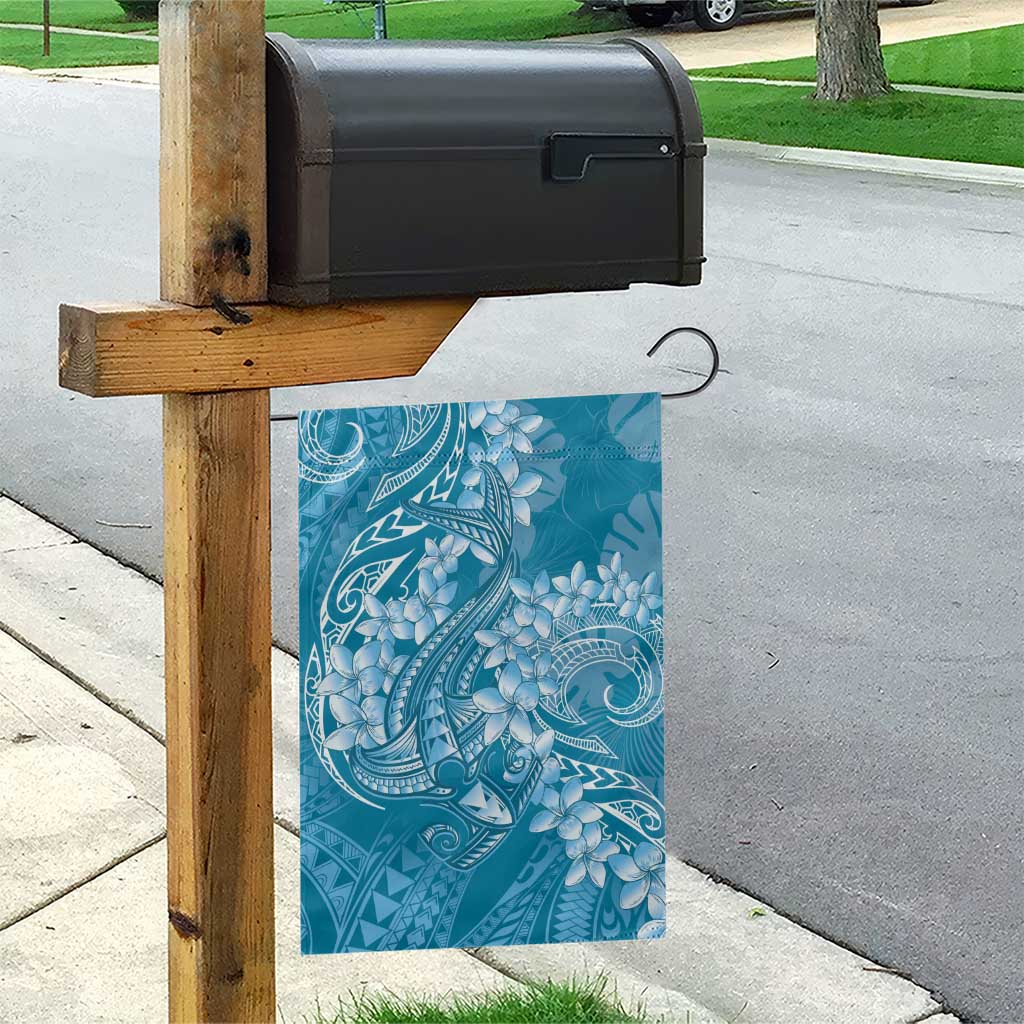 Blue Polynesia Hammerhead Shark Tattoo With Plumeria Lei Garden Flag