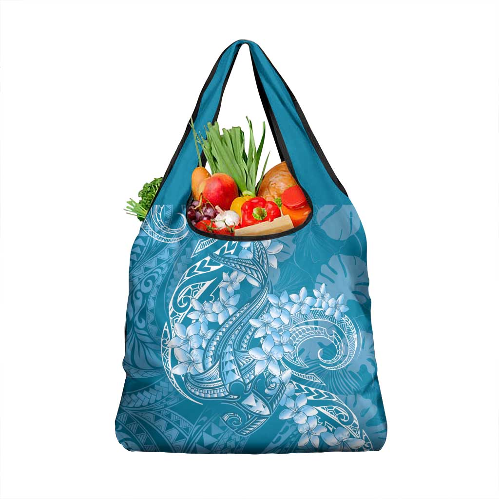 Blue Polynesia Hammerhead Shark Tattoo With Plumeria Lei Grocery Bag