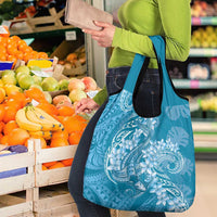 Blue Polynesia Hammerhead Shark Tattoo With Plumeria Lei Grocery Bag