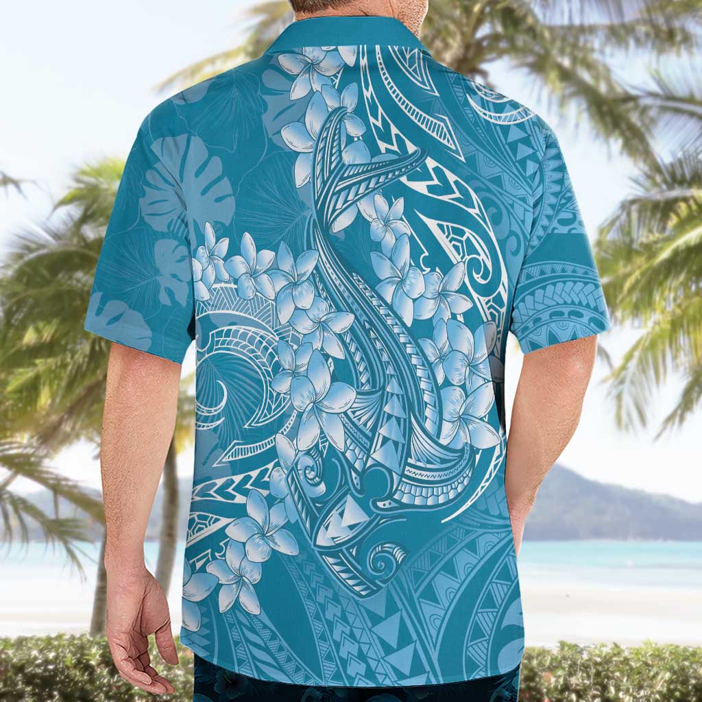 Blue Polynesia Hammerhead Shark Tattoo With Plumeria Lei Hawaiian Shirt