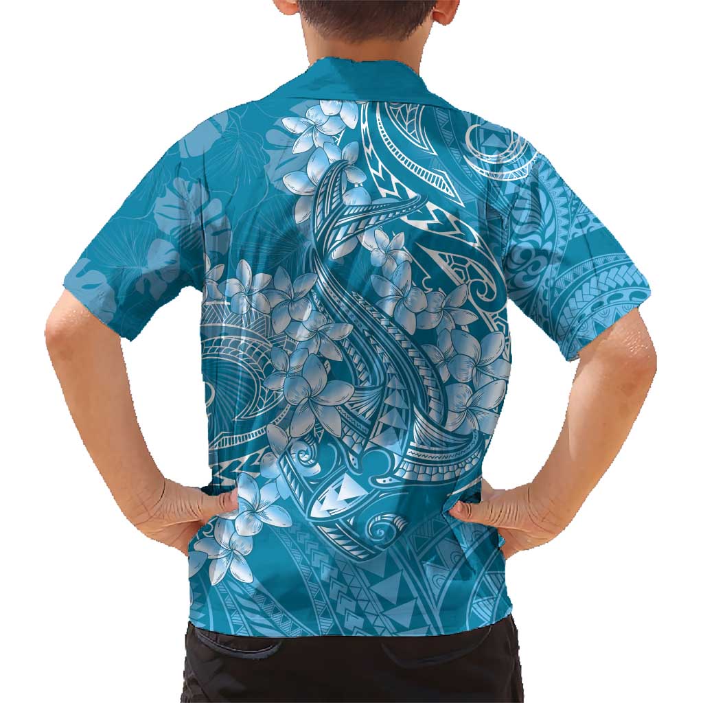 Blue Polynesia Hammerhead Shark Tattoo With Plumeria Lei Kid Hawaiian Shirt LT14 - Polynesian Pride