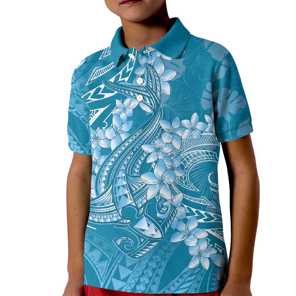 Blue Polynesia Hammerhead Shark Tattoo With Plumeria Lei Kid Polo Shirt