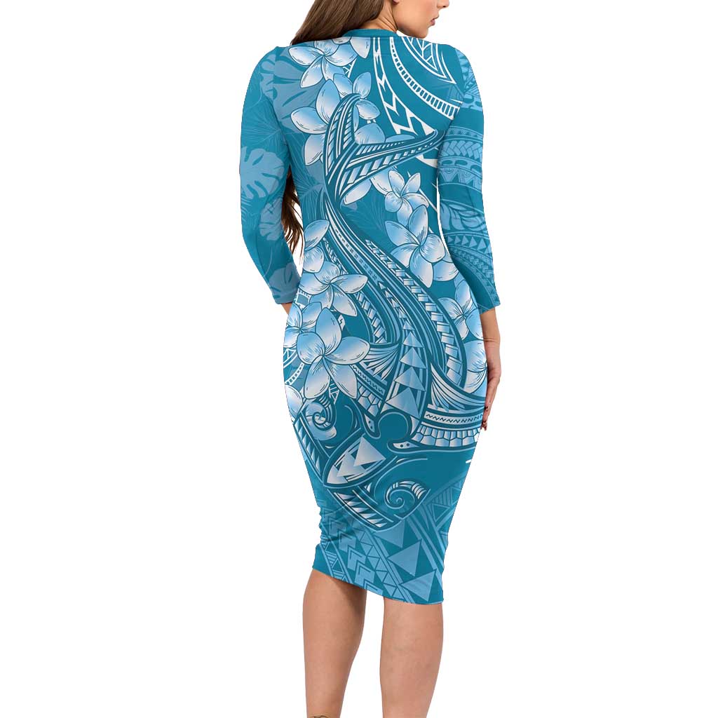 Blue Polynesia Hammerhead Shark Tattoo With Plumeria Lei Long Sleeve Bodycon Dress LT14 - Polynesian Pride