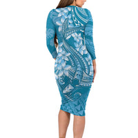 Blue Polynesia Hammerhead Shark Tattoo With Plumeria Lei Long Sleeve Bodycon Dress LT14 - Polynesian Pride