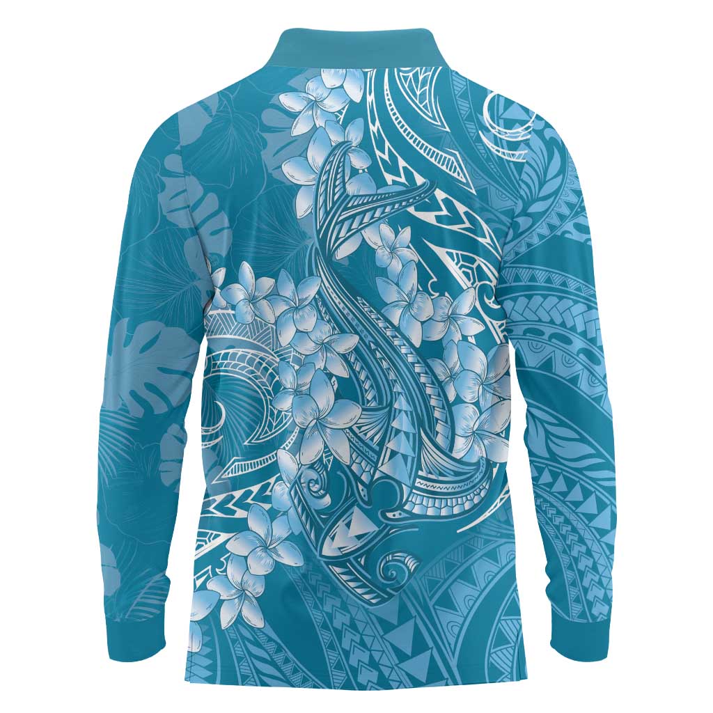 Blue Polynesia Hammerhead Shark Tattoo With Plumeria Lei Long Sleeve Polo Shirt