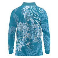 Blue Polynesia Hammerhead Shark Tattoo With Plumeria Lei Long Sleeve Polo Shirt
