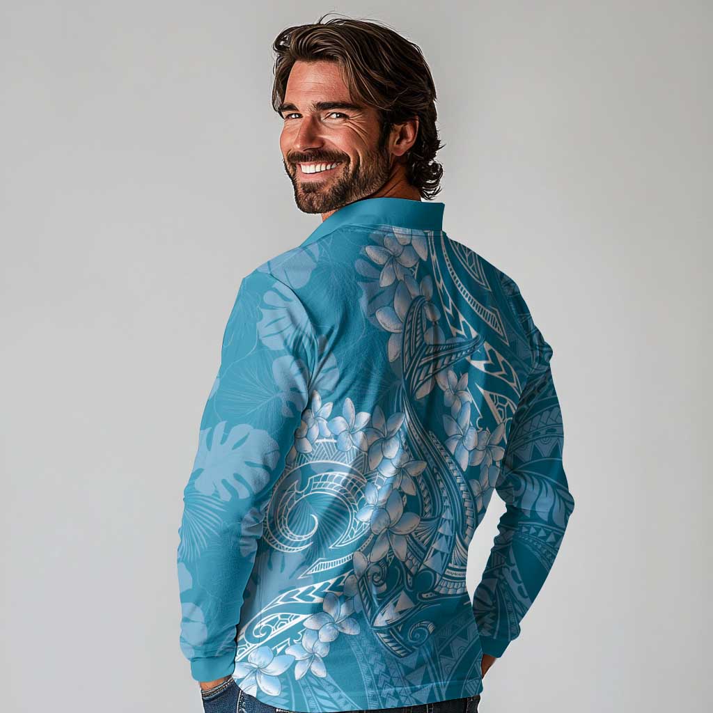 Blue Polynesia Hammerhead Shark Tattoo With Plumeria Lei Long Sleeve Polo Shirt