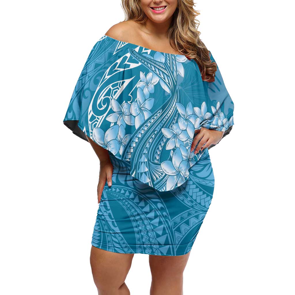 Blue Polynesia Hammerhead Shark Tattoo With Plumeria Lei Off Shoulder Short Dress