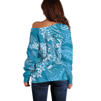 Blue Polynesia Hammerhead Shark Tattoo With Plumeria Lei Off Shoulder Sweater LT14 - Polynesian Pride