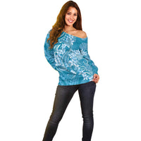 Blue Polynesia Hammerhead Shark Tattoo With Plumeria Lei Off Shoulder Sweater LT14 - Polynesian Pride
