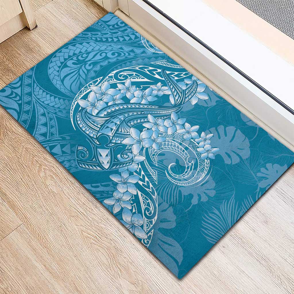 Blue Polynesia Hammerhead Shark Tattoo With Plumeria Lei Rubber Doormat