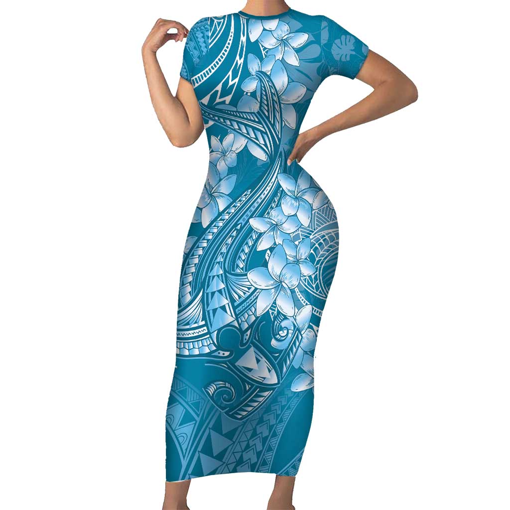 Blue Polynesia Hammerhead Shark Tattoo With Plumeria Lei Short Sleeve Bodycon Dress