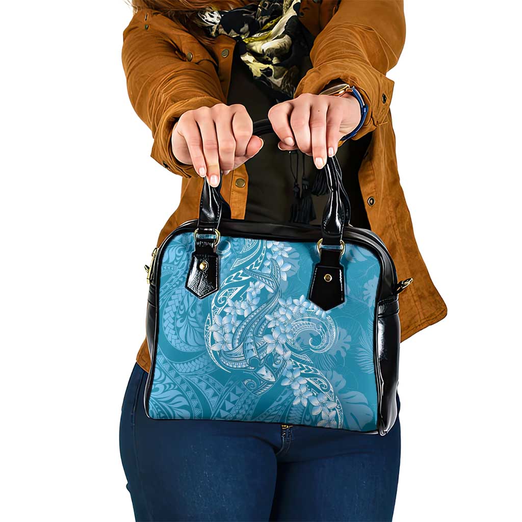 Blue Polynesia Hammerhead Shark Tattoo With Plumeria Lei Shoulder Handbag