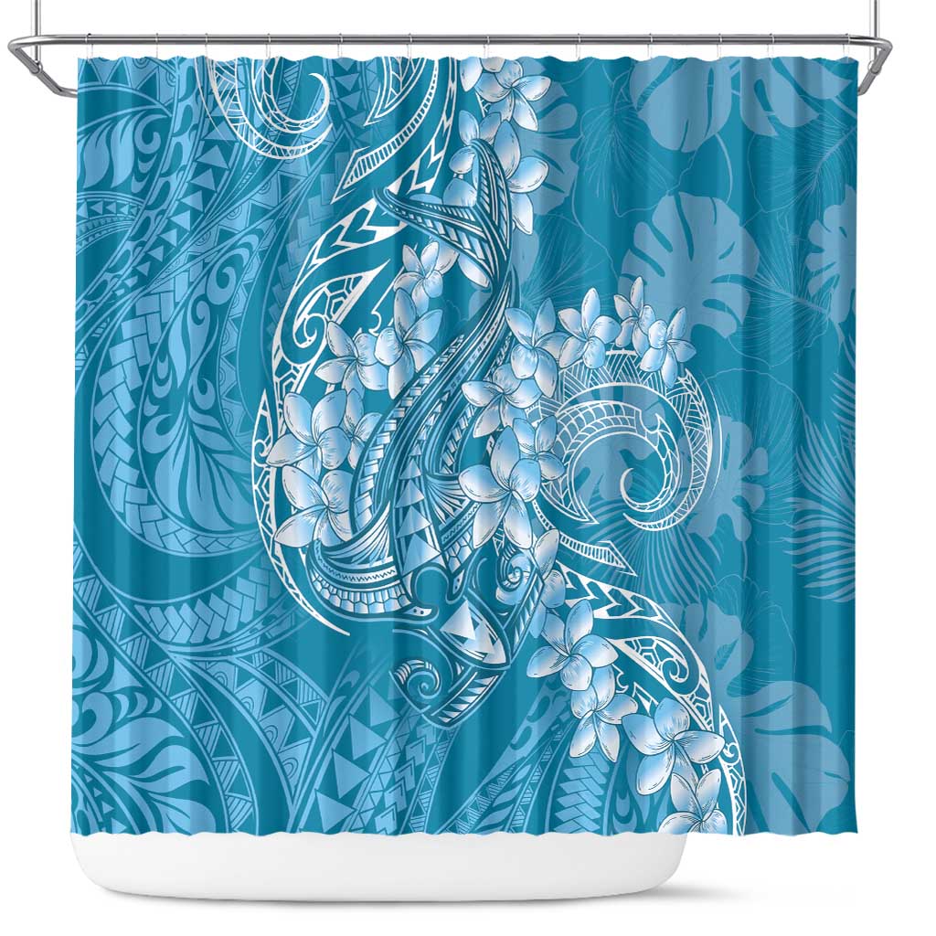 Blue Polynesia Hammerhead Shark Tattoo With Plumeria Lei Shower Curtain