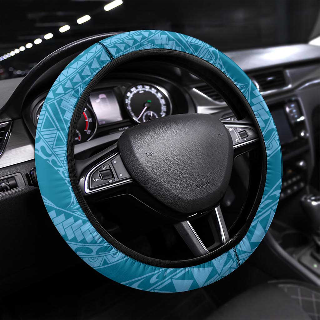 Blue Polynesia Hammerhead Shark Tattoo With Plumeria Lei Steering Wheel Cover LT14 Universal Fit Blue - Polynesian Pride