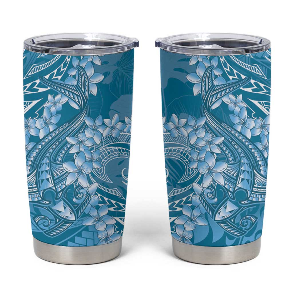 Blue Polynesia Hammerhead Shark Tattoo With Plumeria Lei Tumbler Cup