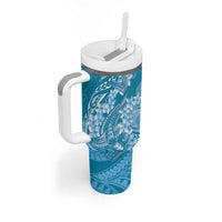 Blue Polynesia Hammerhead Shark Tattoo With Plumeria Lei Tumbler With Handle