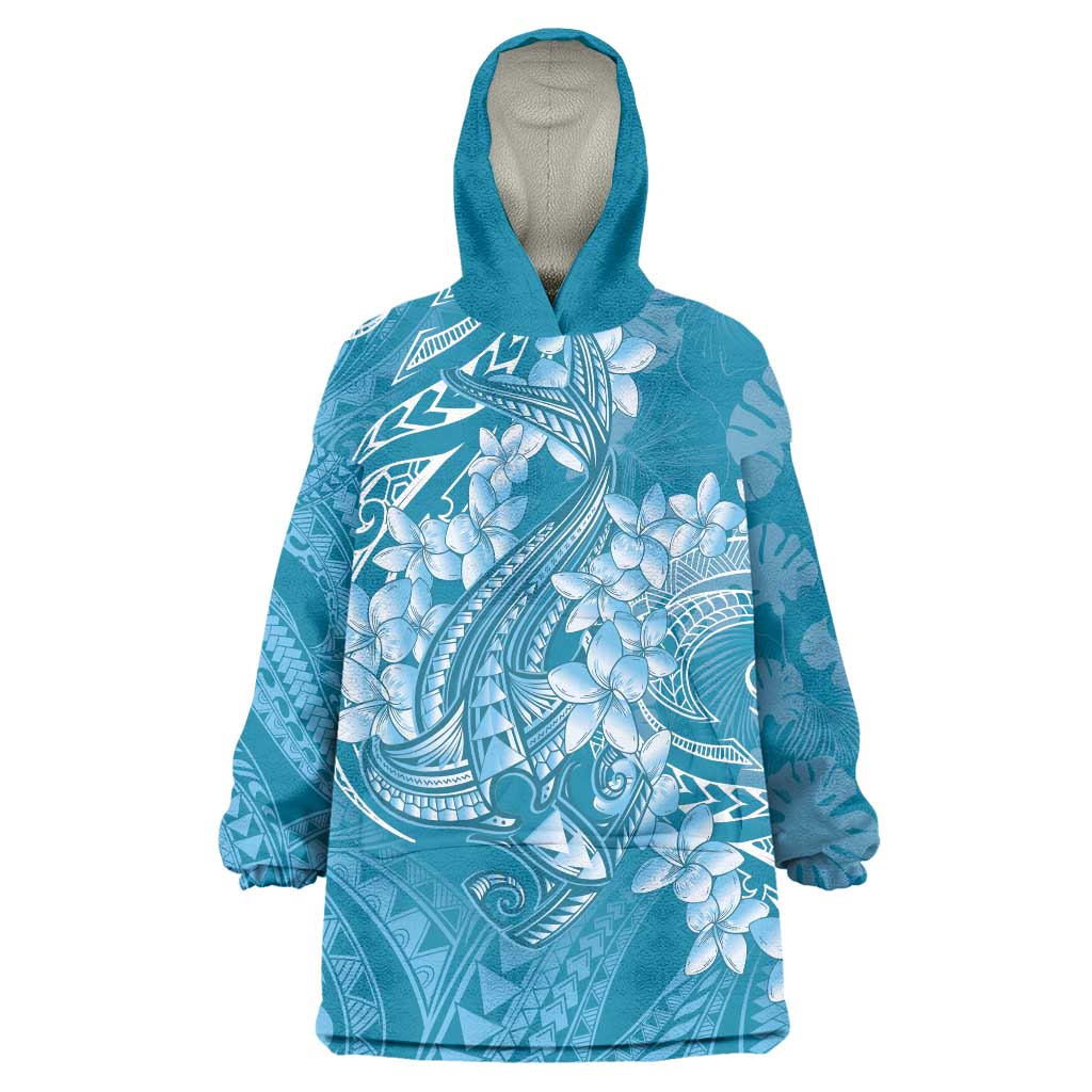 Blue Polynesia Hammerhead Shark Tattoo With Plumeria Lei Wearable Blanket Hoodie LT14 One Size Blue - Polynesian Pride