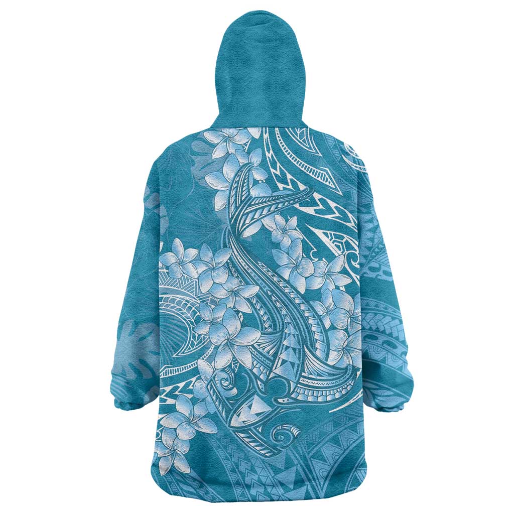 Blue Polynesia Hammerhead Shark Tattoo With Plumeria Lei Wearable Blanket Hoodie