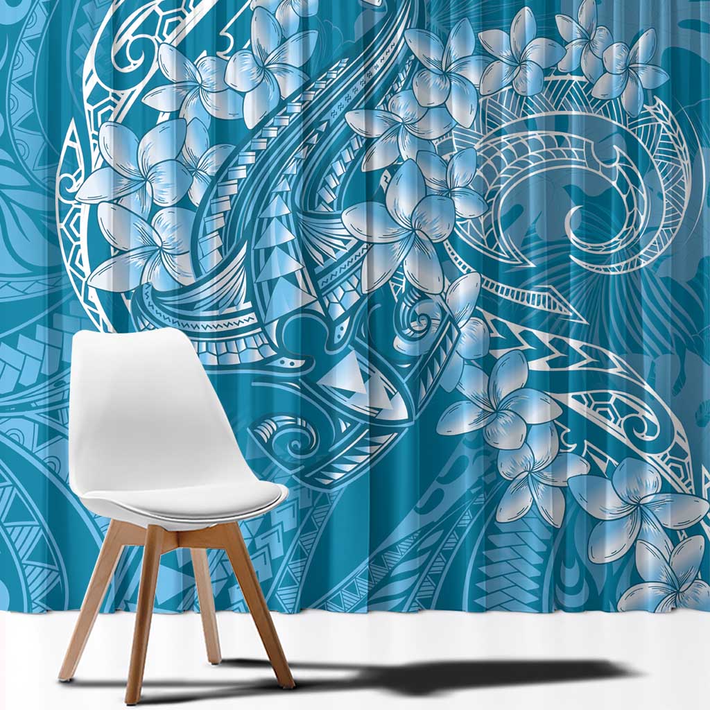 Blue Polynesia Hammerhead Shark Tattoo With Plumeria Lei Window Curtain