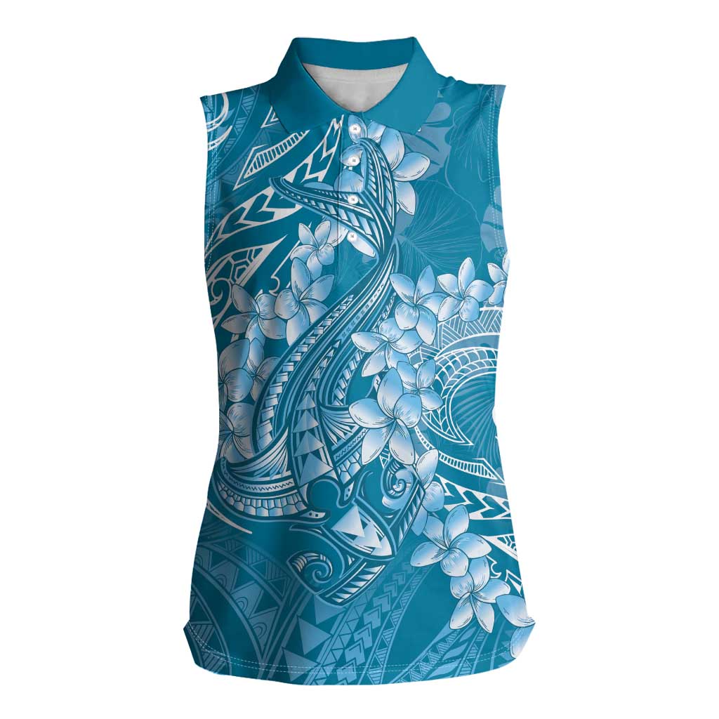 Blue Polynesia Hammerhead Shark Tattoo With Plumeria Lei Women Sleeveless Polo Shirt LT14 Female Blue - Polynesian Pride