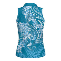 Blue Polynesia Hammerhead Shark Tattoo With Plumeria Lei Women Sleeveless Polo Shirt