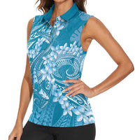 Blue Polynesia Hammerhead Shark Tattoo With Plumeria Lei Women Sleeveless Polo Shirt