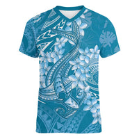 Blue Polynesia Hammerhead Shark Tattoo With Plumeria Lei Women V-Neck T-Shirt