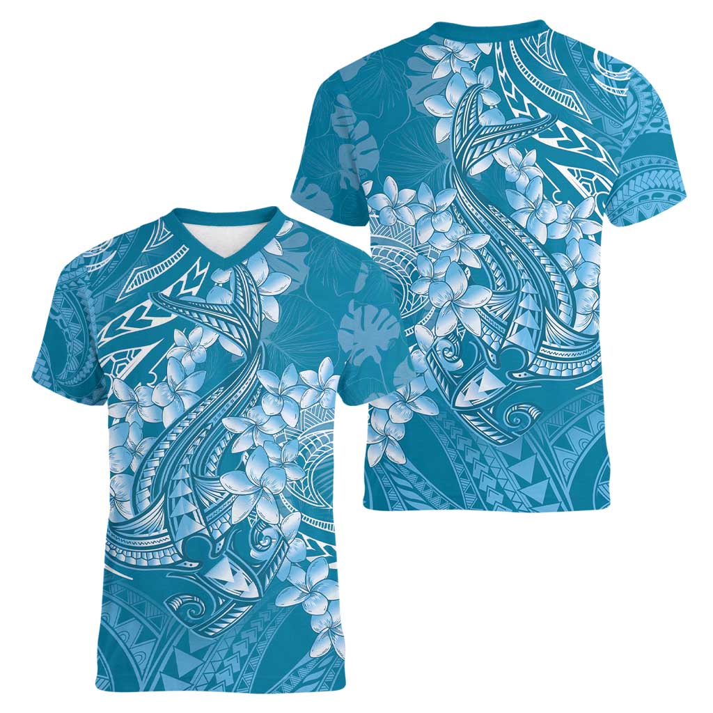 Blue Polynesia Hammerhead Shark Tattoo With Plumeria Lei Women V-Neck T-Shirt